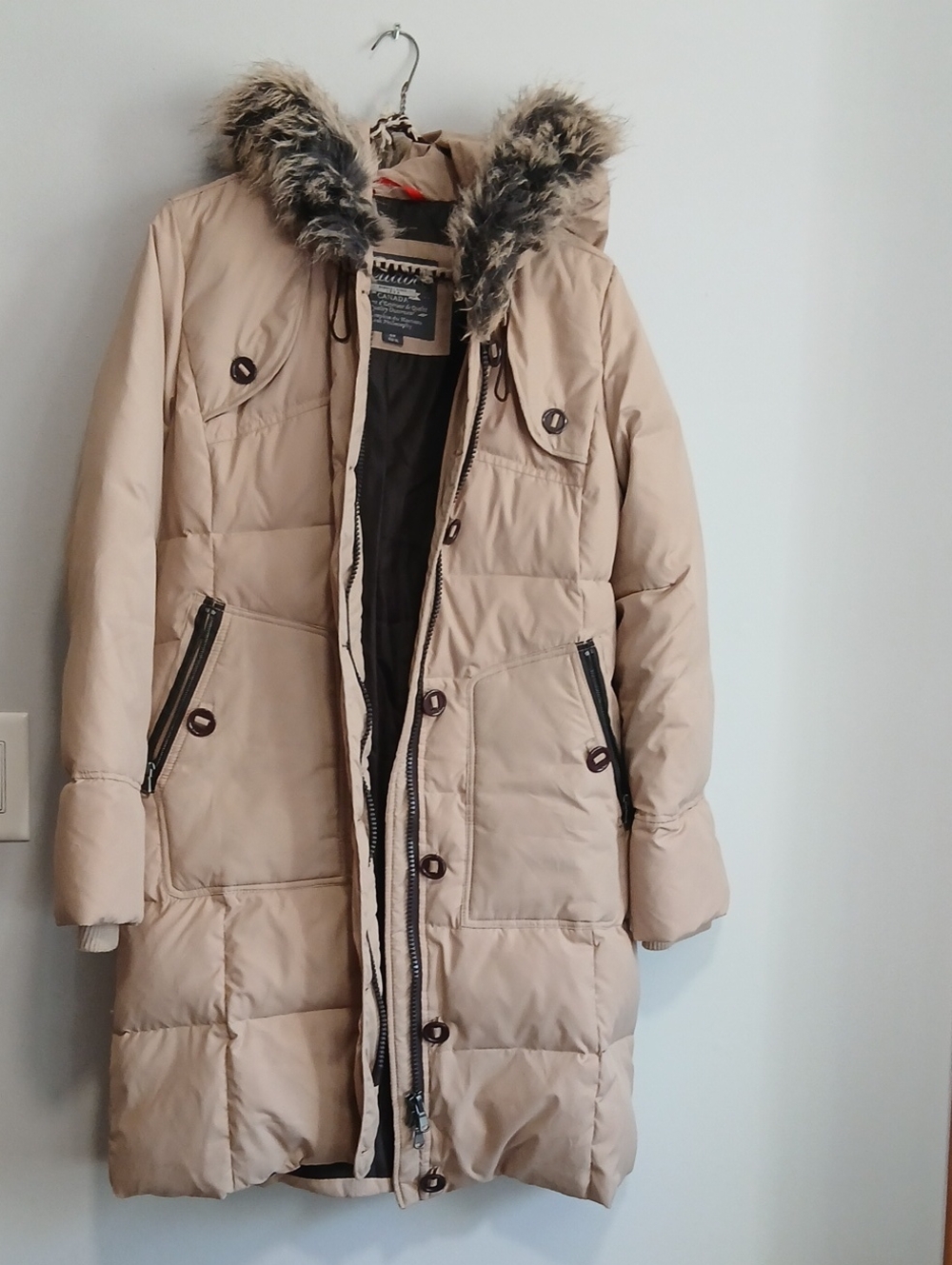 Ellabee Women's Long Hooded Puffer Coat with Faux-Fur Trim — Beige